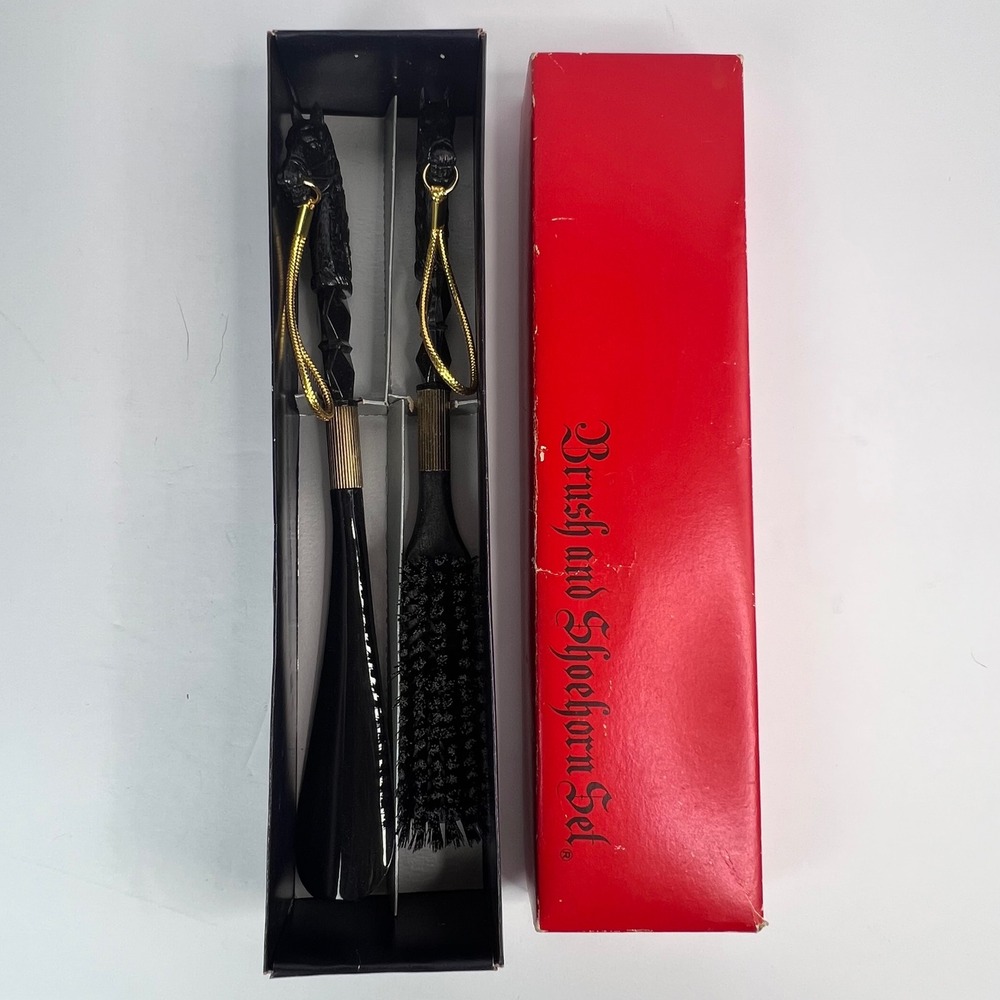 VTG Brush & Shoehorn Set Equestrian Horse Head Made in Japan Elegant Black Gold‎